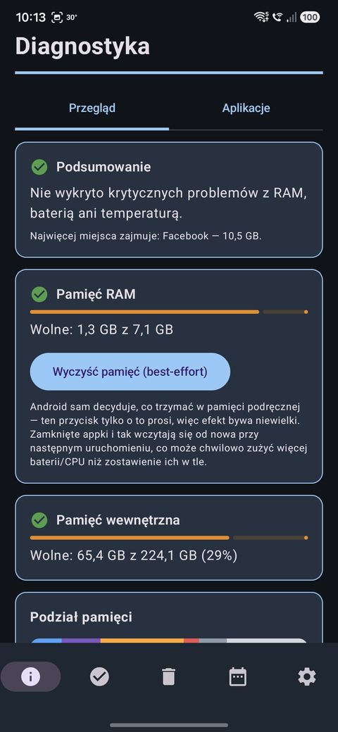 Diagnostyka — RAM, pamięć i bateria z paskami progu