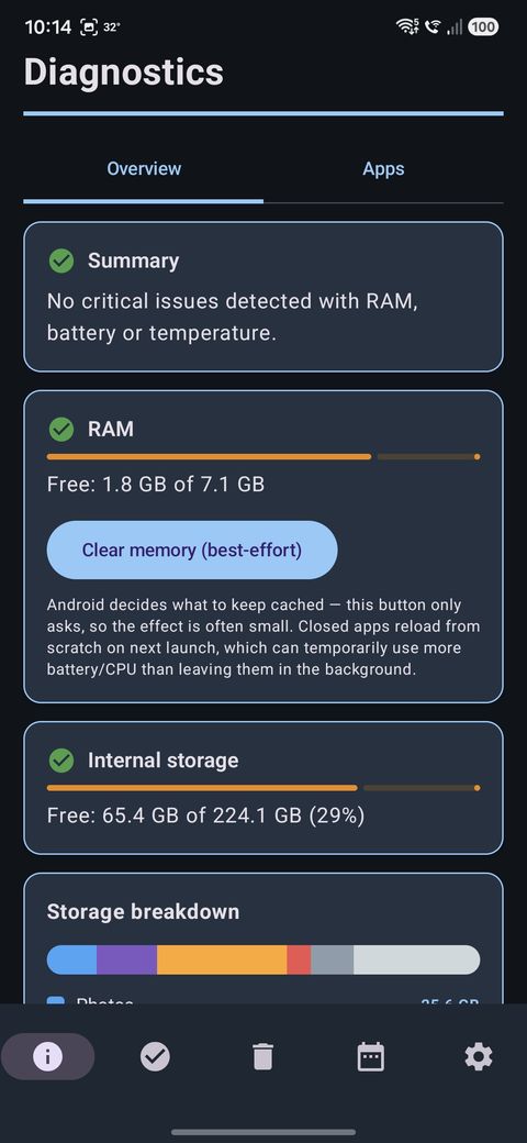 Diagnostics — RAM, storage and battery with threshold bars