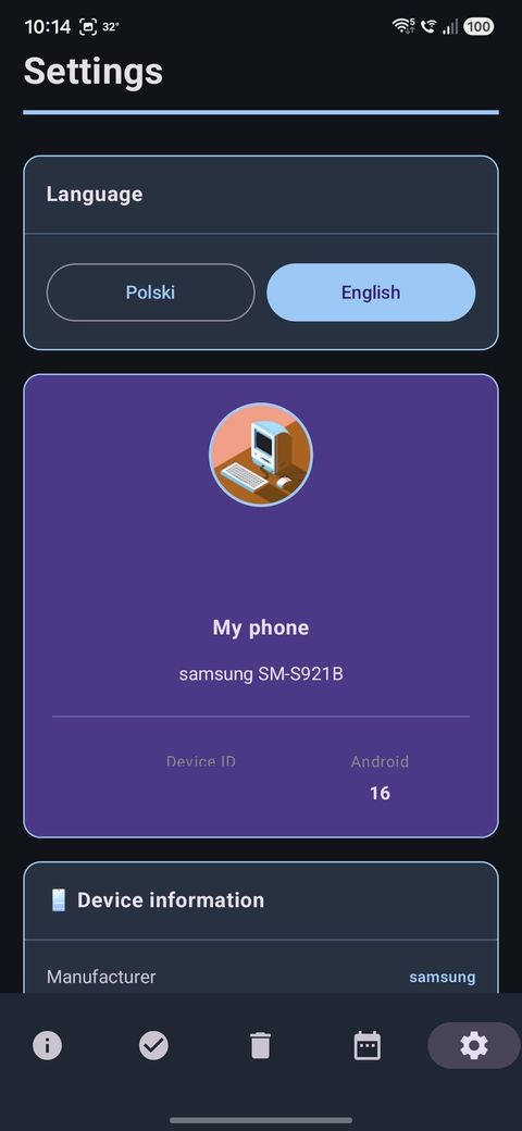 Settings — language and account